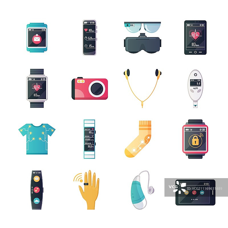 可穿戴技术设备扁平图标系列。包含增强现实眼镜、智能手表和健身追踪器等可穿戴技术设备矢量图图片素材