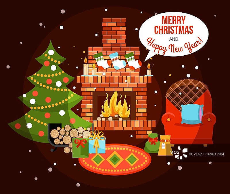 圣诞节壁炉插图。带壁炉、圣诞树和礼物的扁平风格新年装饰房间矢量图图片素材