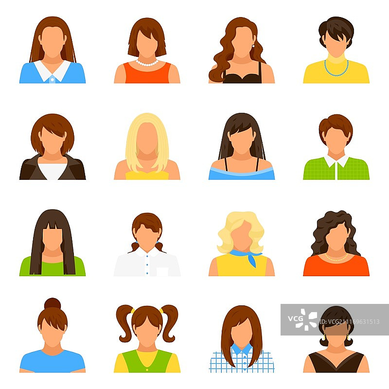 女性头像图标集. 具有发型和服装的女性头像图标扁平隔离矢量图图片素材