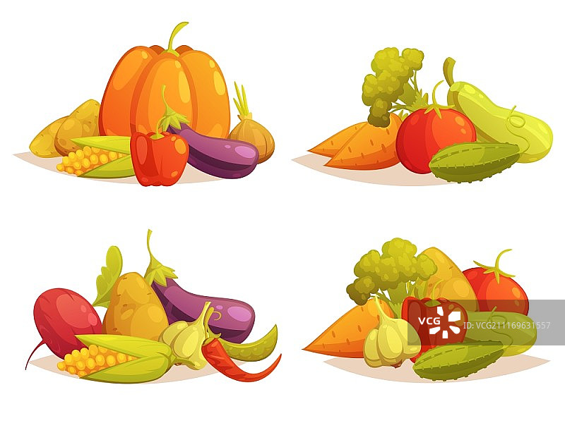 蔬菜组合4图标方形集：经典农贸市场蔬菜组合4复古风格图标集，包含南瓜和黄瓜的独立矢量图图片素材