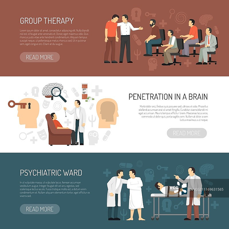 心理学家横幅：小组心理治疗，大脑渗透和精神病房图标组成的平面矢量图图片素材