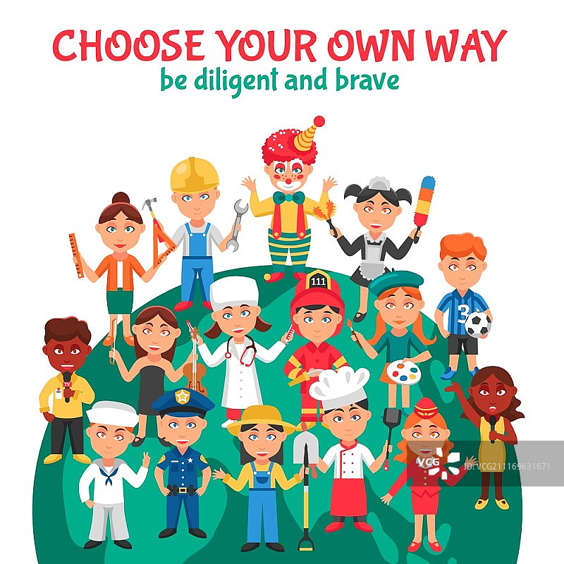 人物职业卡通插图。关于各种人物职业的卡通插图，旨在教育孩子们要勤奋勇敢图片素材