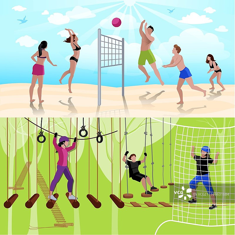 积极休闲的人们组合。以扁平风格矢量插图展示的排球和攀岩等积极休闲活动图片素材