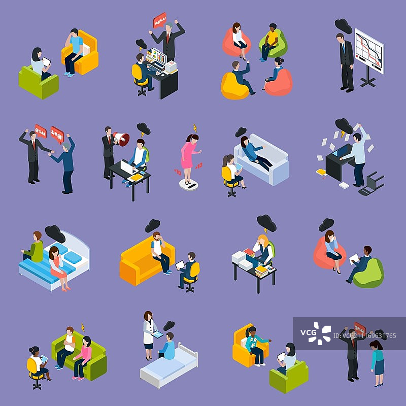 抑郁和压力2.5D图标。描绘人们冲突、烦恼和问题的不同负面情境的抑郁和压力2.5D图标，独立矢量图示图片素材