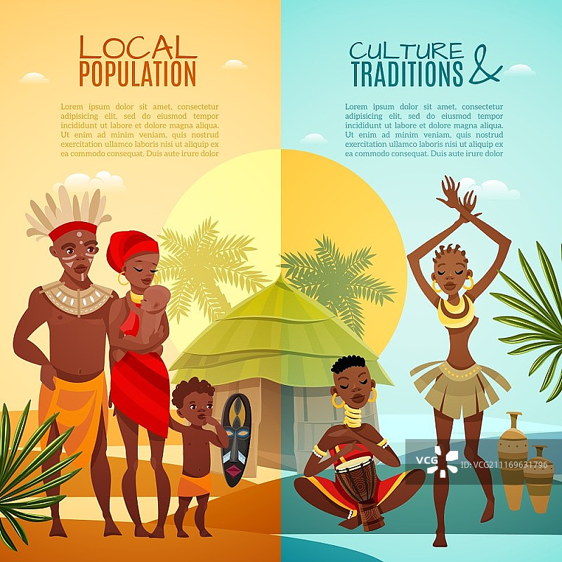 非洲部落生活竖版banner。非洲部落传统习俗、仪式和家庭生活，2个扁平竖版banner集，独立矢量图示图片素材