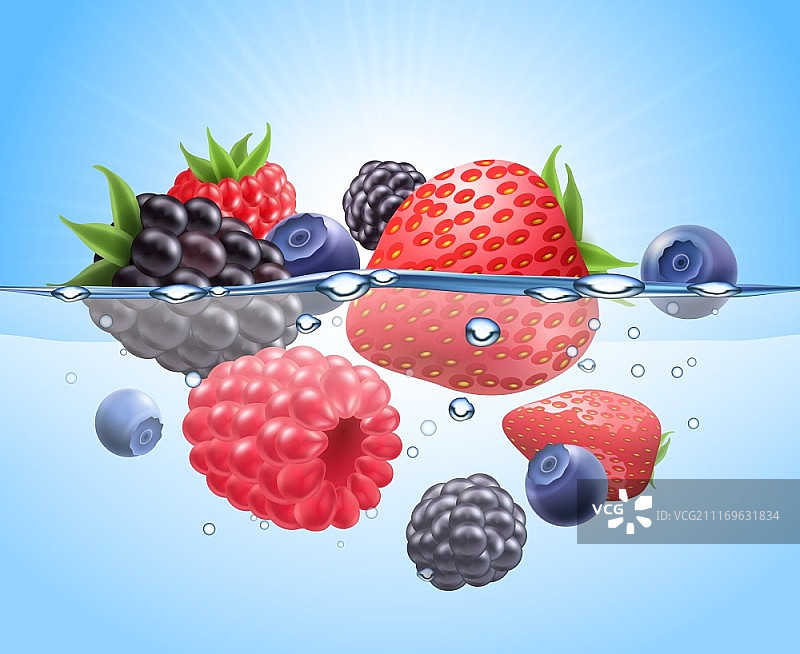 水中浆果真实感合成：草莓、蓝莓和覆盆子矢量图图片素材