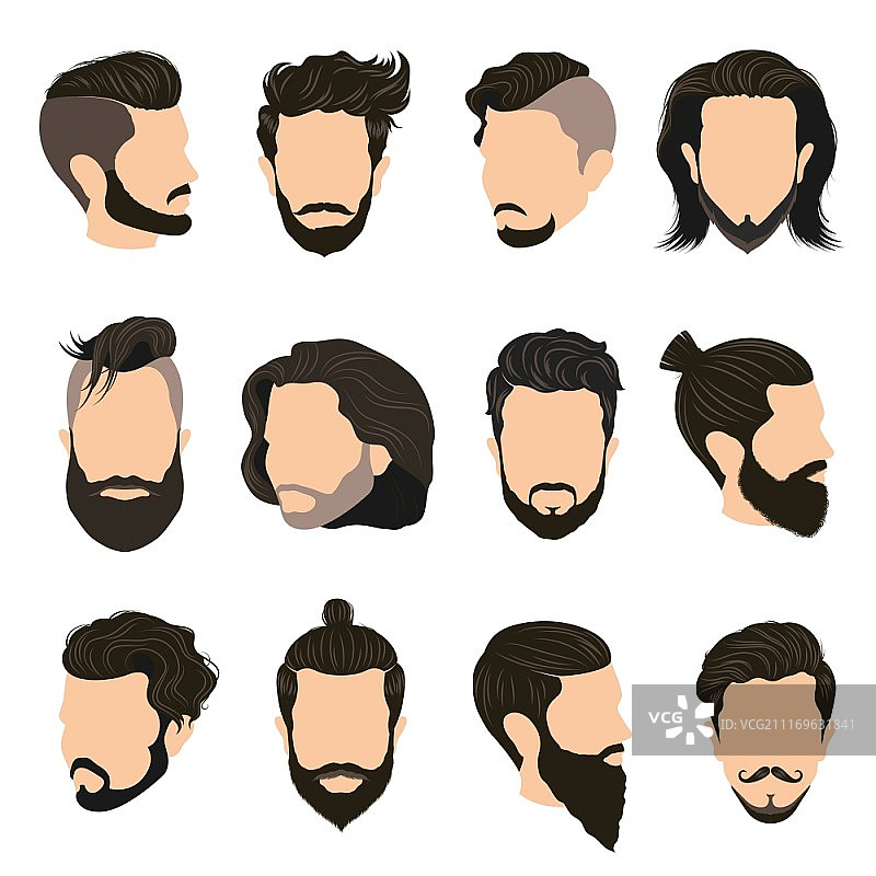 男士发型图标集，包含胡须和平头等元素，扁平隔离矢量图图片素材