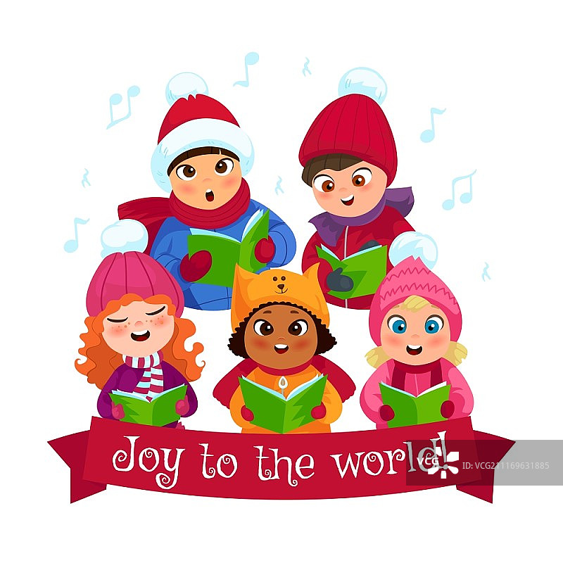 孩子们穿着冬装唱圣诞颂歌的场景插画图片素材