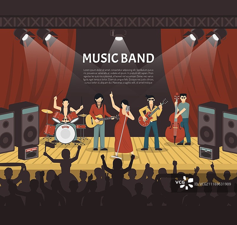流行乐队矢量素材。舞台上的音乐家和前来参加音乐会的年轻观众的剪影图片素材