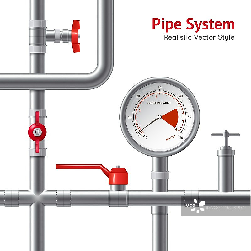 塑料管道系统背景。塑料管道系统与压力表现实背景矢量插图图片素材