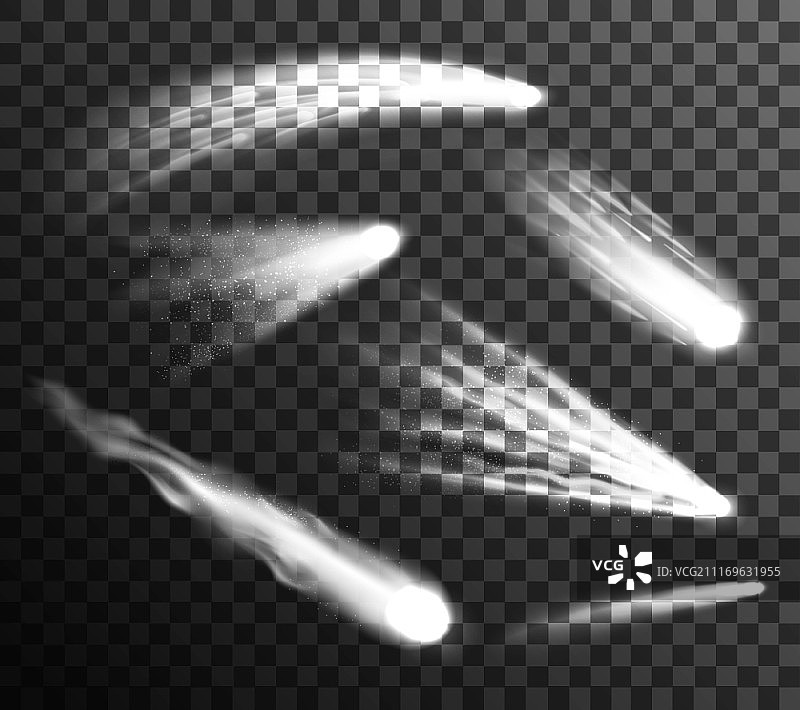 白色流星和彗星，不同形状和大小，透明背景矢量图图片素材