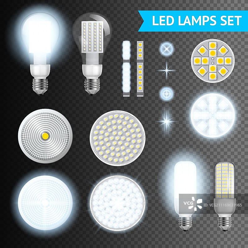 LED灯透明套装。透明背景上不同尺寸和形状的LED灯开启和关闭效果的真实矢量图图片素材