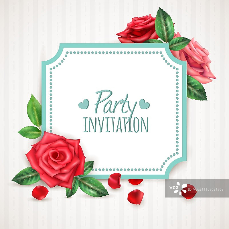 玫瑰花框：逼真的玫瑰花瓣和花苞邀请背景矢量插图图片素材