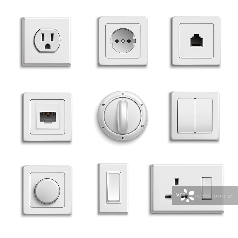 逼真的开关插座套装，白色背景上方形、矩形和圆形白色开关插座图片素材