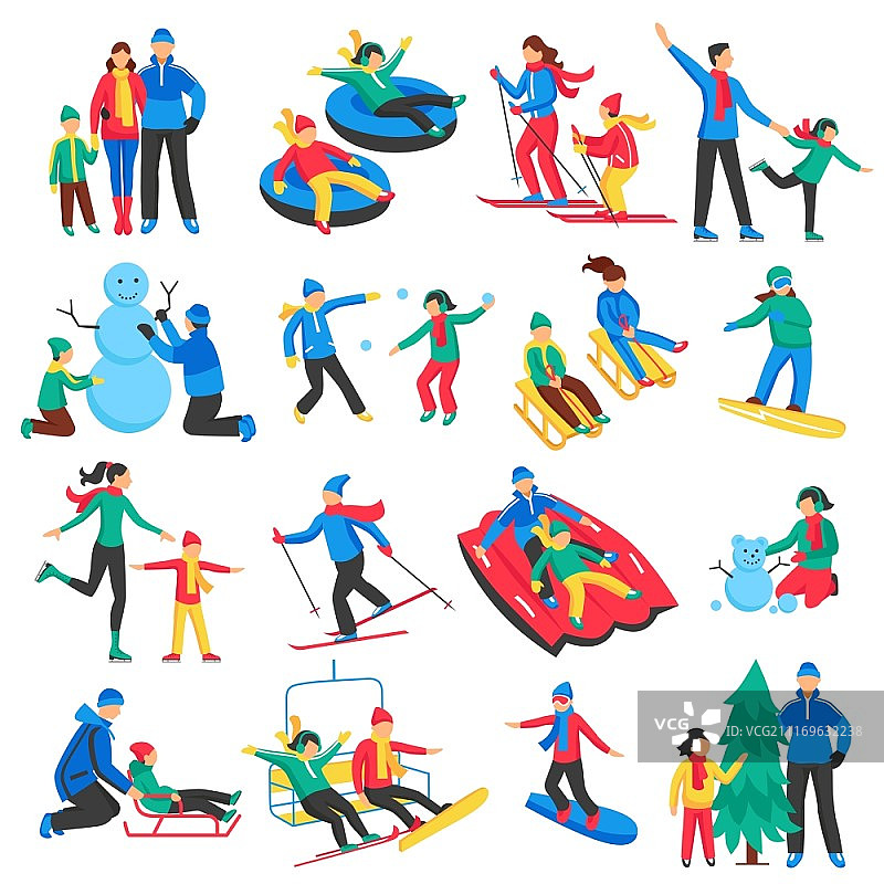 家庭冬季运动图标集：成人和儿童滑雪、滑冰、堆雪人扁平隔离矢量图图片素材