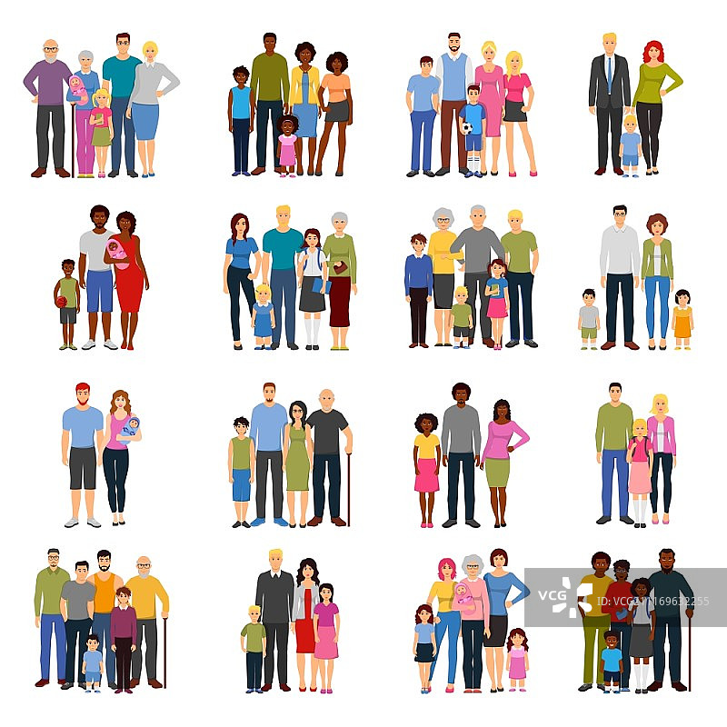 家庭成员组合扁平图标集。年轻夫妇和有青少年子女的家庭、祖父母、父母扁平隔离图标集矢量图图片素材