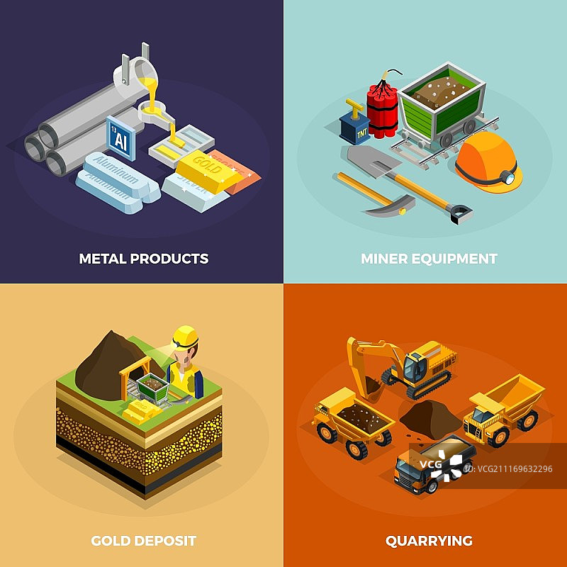 采矿概念等距图标集。采矿概念等距图标集，包含金属产品符号，独立矢量图图片素材