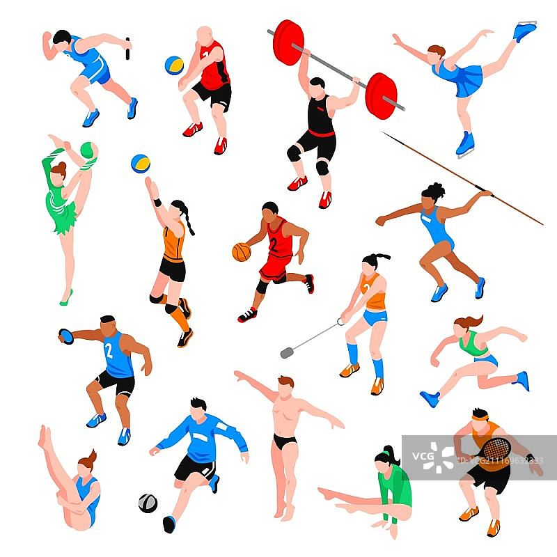 运动等距设置。运动等距集与运动员球类会投掷竞赛田径运动孤立矢量图图片素材
