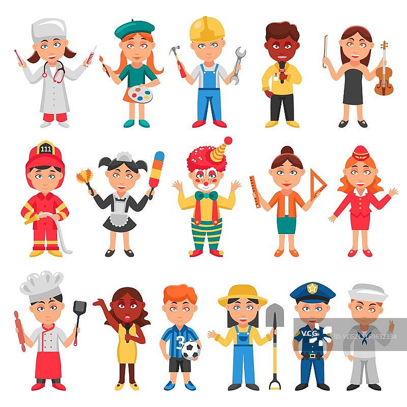 儿童与职业图标组合，包含医生、教师和警察的扁平风格矢量插图图片素材