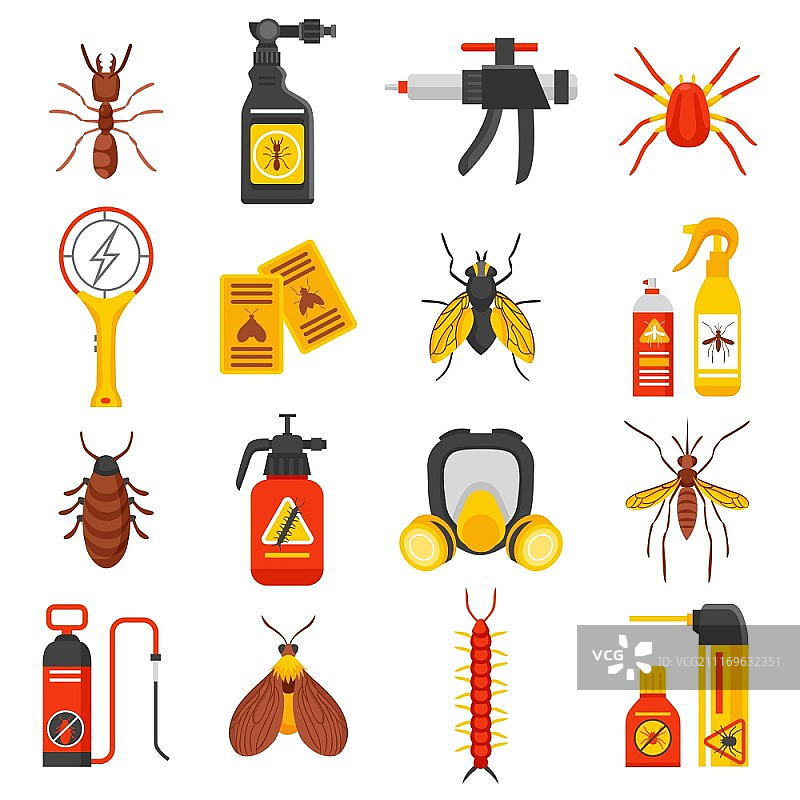 害虫防治图标集。包含蜱虫、蚂蚁、蚊子、苍蝇、蟑螂、驱虫剂和杀虫剂的害虫防治扁平图标矢量图图片素材