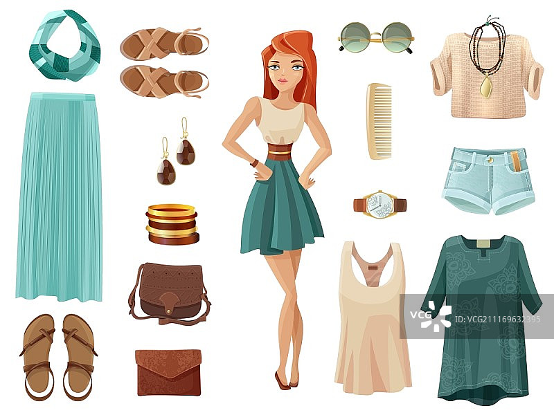 时尚女装系列：包含夏装、鞋子和配饰，采用柔和的色彩，中间的女孩在白色背景卡通隔离矢量插画图片素材