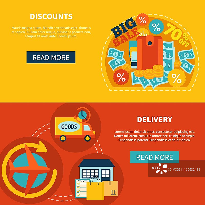 购物促销和配送彩色banner合集。包含在线购物、促销折扣、电子商务配送符号等元素的横版banner矢量插画图片素材