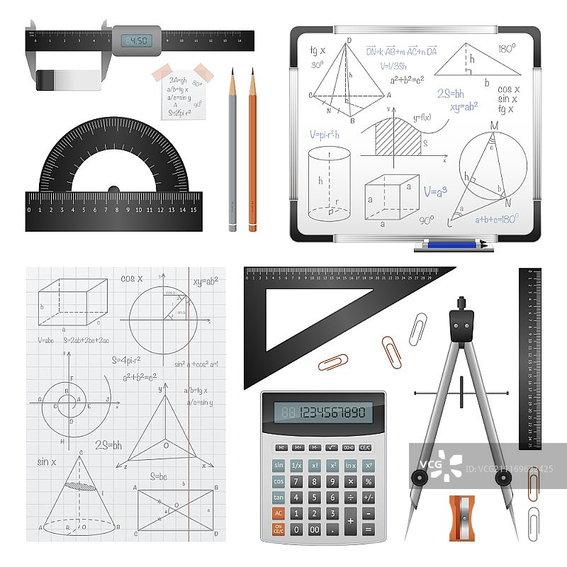 数学科学图像集：数学、三角文具和解题记录矢量图图片素材