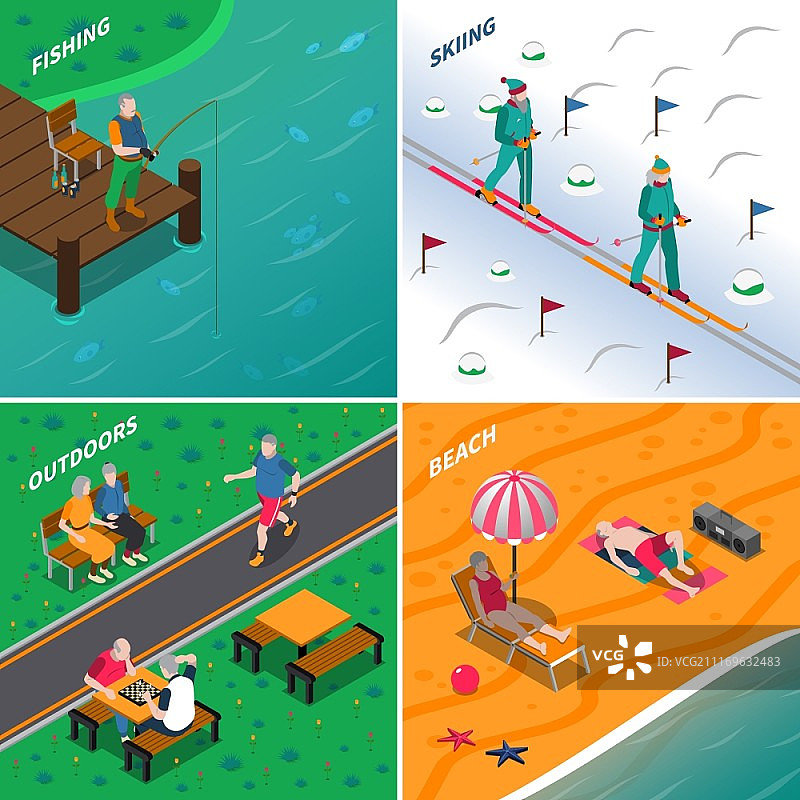老年人户外活动2.5D图标套装图片素材