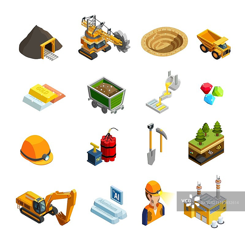 2.5D采矿等距图标合集：含矿物符号图片素材