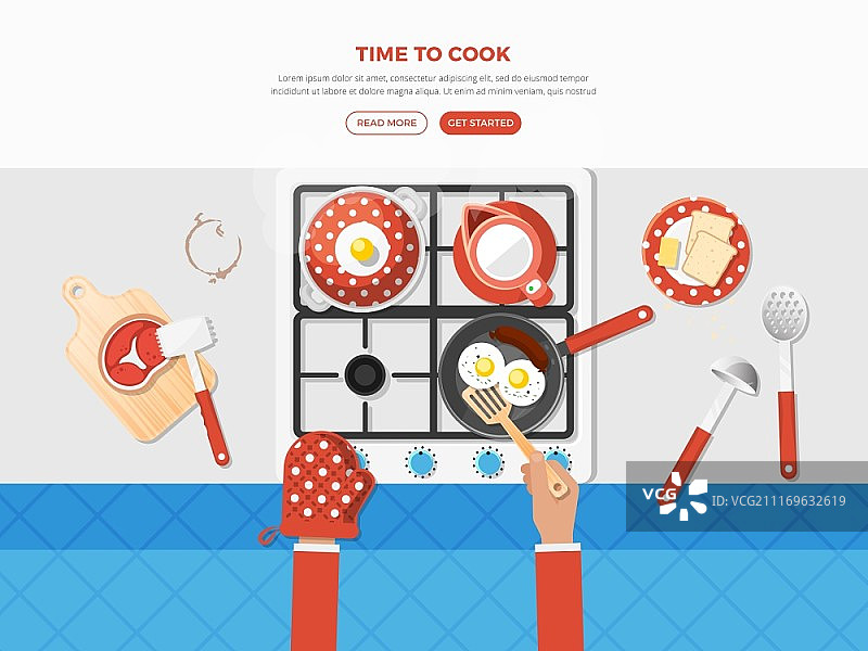 烹饪俯视图海报：包含厨具和食材（如煎蛋、生牛排）的烹饪海报图片素材
