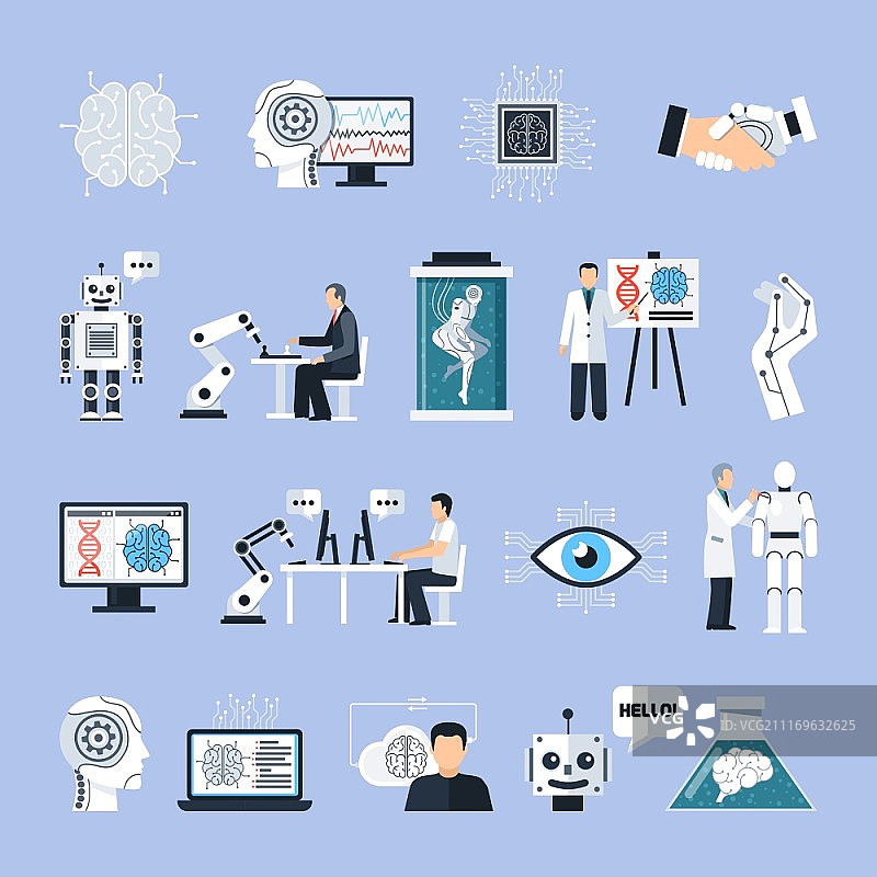 人工智能图标集：含科技符号的扁平化矢量图图片素材