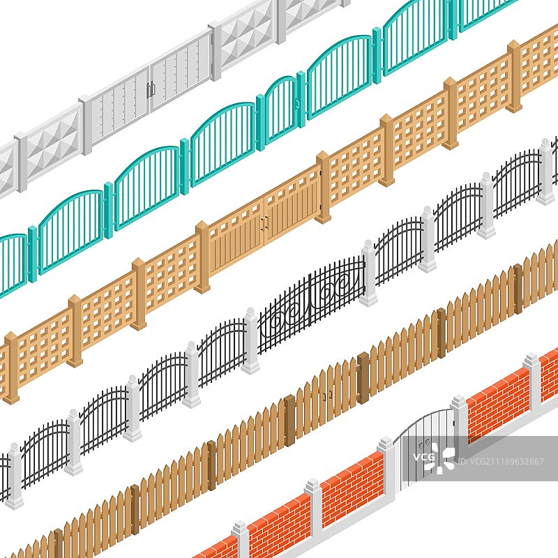 栅栏和大门2.5D元素：砖、混凝土、木栅栏矢量素材图片素材