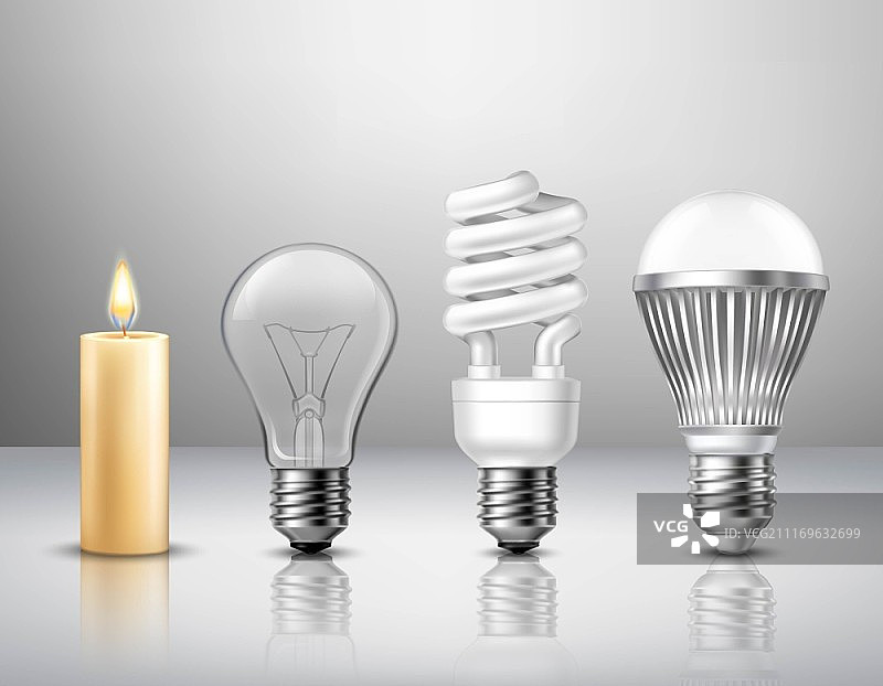 光的演变概念。从蜡烛到现代LED灯泡在玻璃表面上的逼真光线演变概念孤立矢量图图片素材