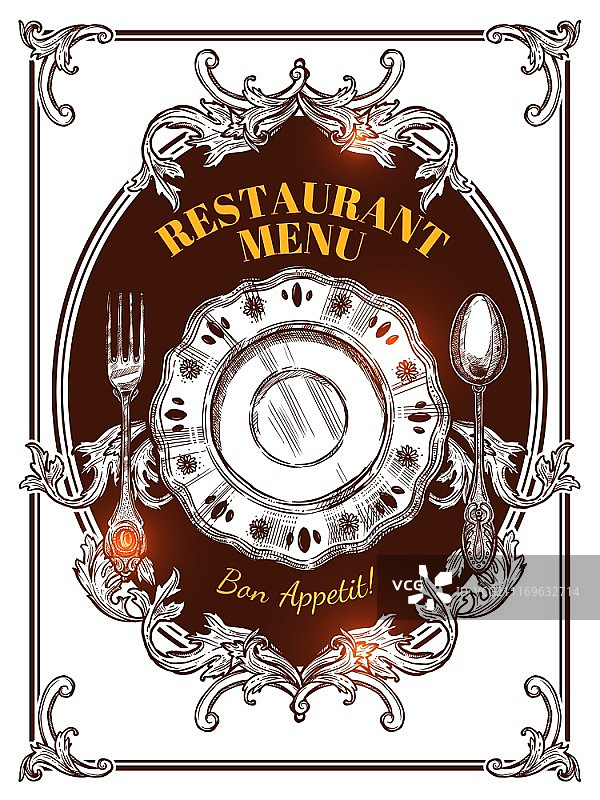 复古餐厅菜单封面：手绘餐饮元素和用餐祝福矢量图图片素材