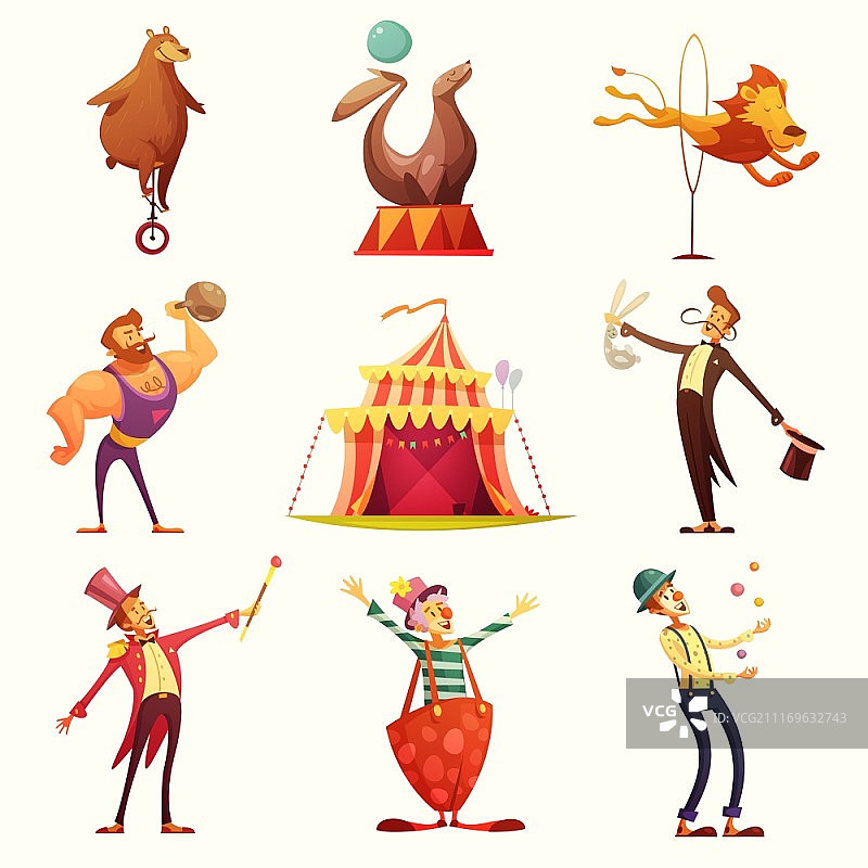 复古马戏团图标卡通合集：包含帐篷、动物表演等元素图片素材