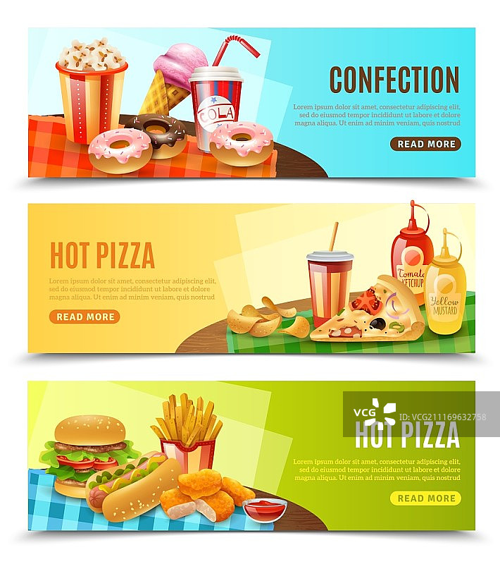 快餐横幅套装。提供快餐菜单信息的热披萨餐厅在线订单扁平横幅图片素材