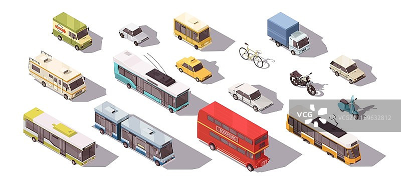 2.5D交通运输工具合集：包含巴士、汽车和自行车图片素材