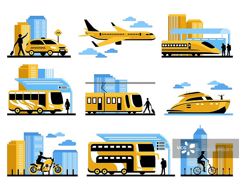 旅行主题装饰图标合集：包含乘客和各种航空水陆交通工具图片素材