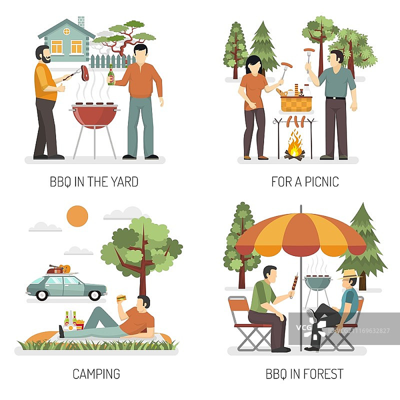 烧烤2x2设计概念：野外公园森林露营地野餐扁平风格组合矢量图图片素材