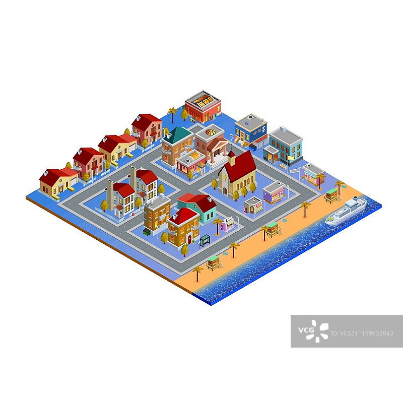 2.5D建筑套装，含教堂小屋商店海滩游艇图片素材