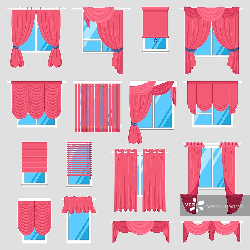 红色窗帘套装，复古纺织品模型矢量图图片素材
