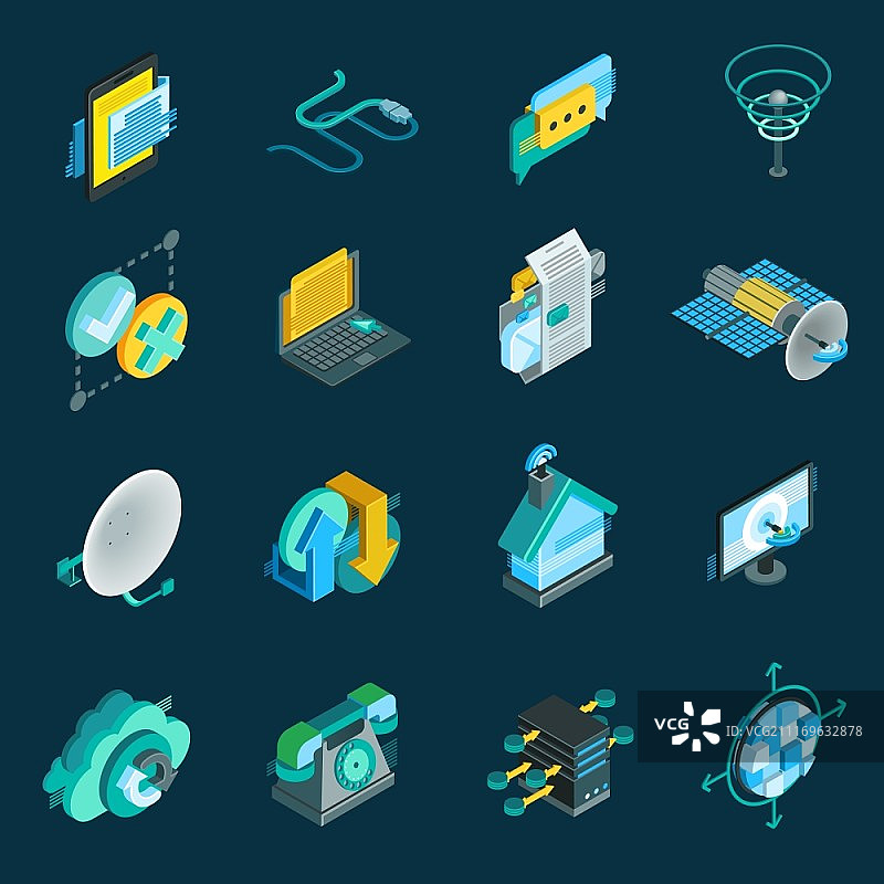 电信等距图标集：包含卫星天线、数据中心、光纤接收器等隔离元素图片素材