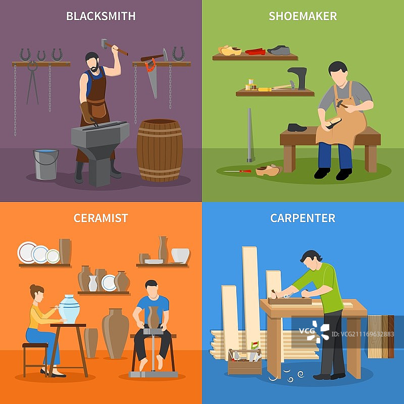 工匠扁平2x2图标集：铁匠、鞋匠、陶瓷师和木匠工作矢量图图片素材