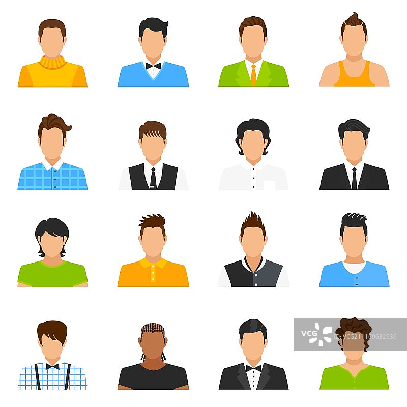 男人头像图标集：发型和服装扁平风矢量插画图片素材