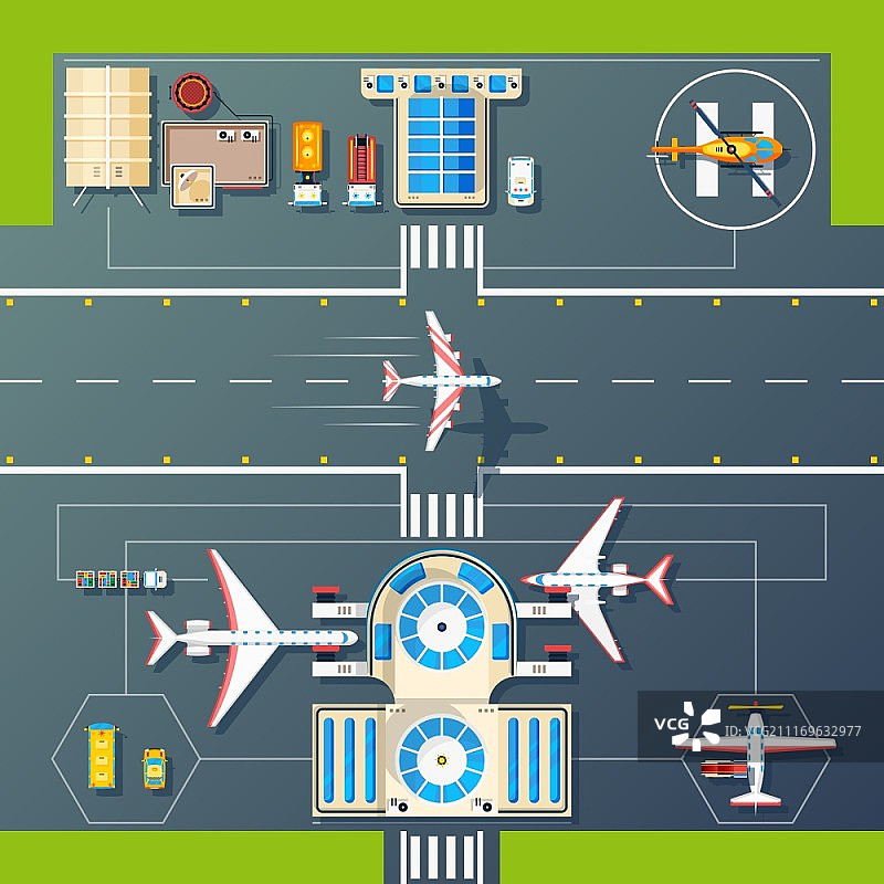 机场跑道顶视图扁平图像：机场跑道、着陆带、建筑物和设施的航拍顶视图，以及飞机和直升机矢量图图片素材