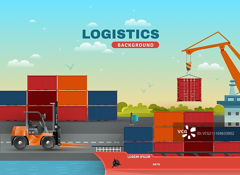 海运物流背景：装载集装箱的船舶、起重机和叉车图片素材