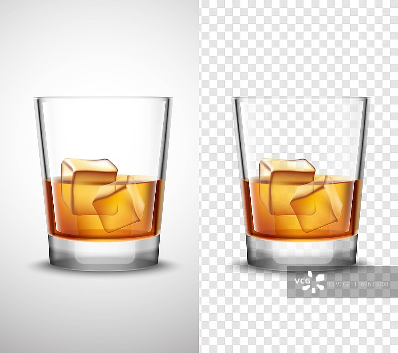 逼真的透明威士忌酒杯banner。苏格兰威士忌酒杯套装，含酒精和冰块，2个逼真的透明背景横幅，独立矢量图图片素材