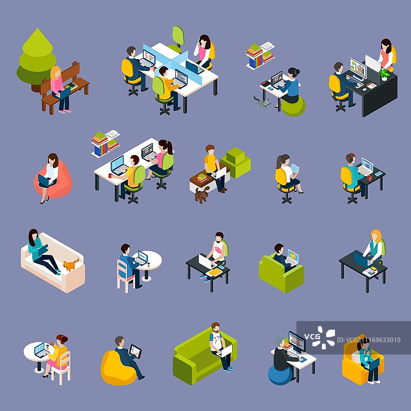 共享办公人物图标集：包含工作符号的自由职业者等距图标图片素材