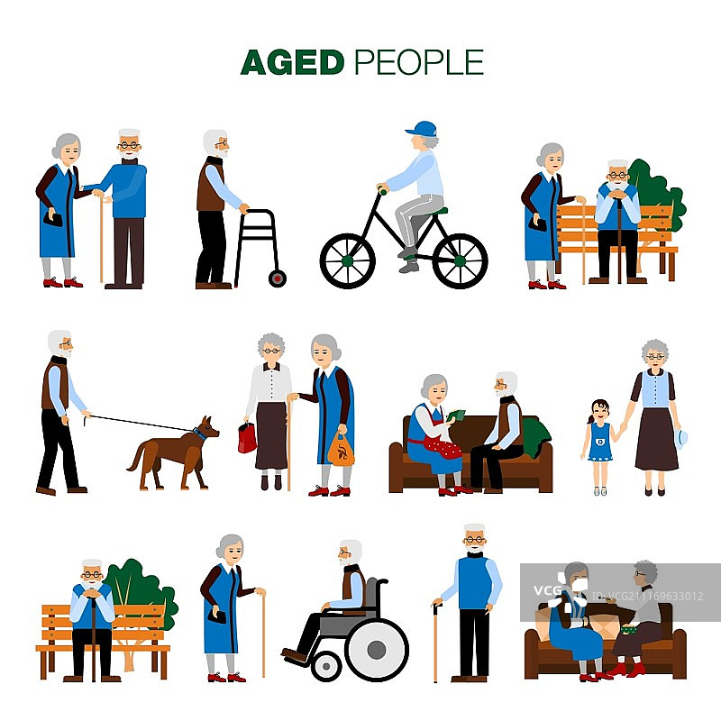 老年人合集。在不同情况下的男女老年人在白色背景下平面的孤立矢量图图片素材