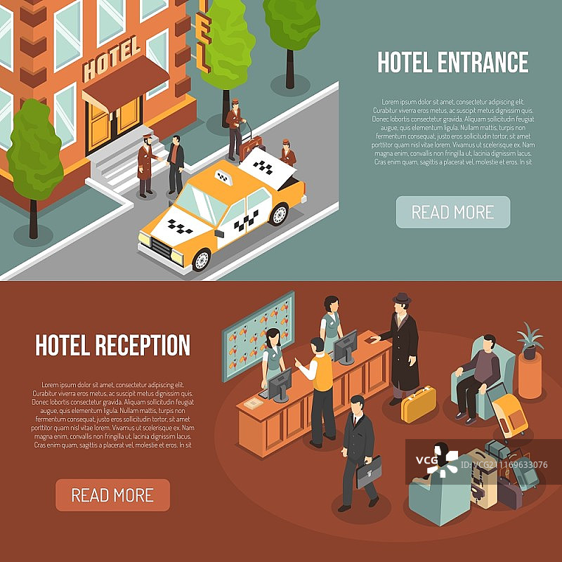 酒店入口接待处2.5D Banner。酒店信息2个横向2.5D Banner网页设计，包含入口街景和独立接待台矢量图图片素材